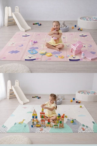 Pureza Çift Taraflı Katlanabilir Oyun Matı 200CMX130CMX1CM Kaymaz, Darbe Emici, Su Geçirmez, Bulutlar Dağlar/Pembe Ayı Masalı, Taşıma Çantası Hediyeli (Yerli Üretim)