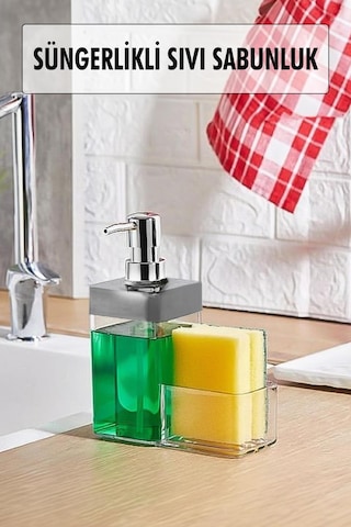 Gri Renkli Sıvı Sabunluk Süngerlik Hazneli 450 Ml