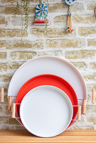 Kitchen Trend 3 Lü 45beyaz, 37kırmızı, 30beyaz Ahşap Kulplu Metal Tepsi Sunum Tepsi Seti