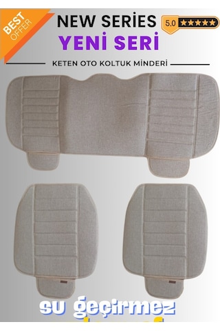 Keten Bej Su Geçirmez Ön Arka Araba Koltuk Minder Oto Koltuk Minderi 3'lü Oturak Örtüsü Cepli