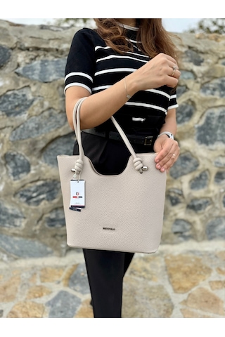 Just Polo Günlük Kombinlere Uygun Kadın Yeni Sezon Yumuşak Deri Lüks El Çantası Shopper Ekru