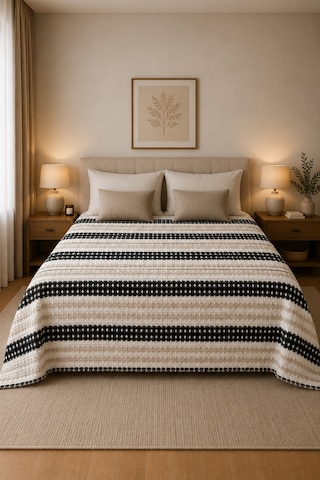 Çift Kişilik Pamuklu Pike 215x240 Cm Püsküllü Dokuma Yatak Örtüsü Geometrik Desen Siyah
