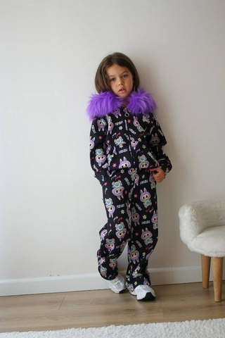 Kız Çocuk Peluş Kapüşonlu Alt Üst Sportif Eşofman Takımı Fermuar Kapamalı Mor