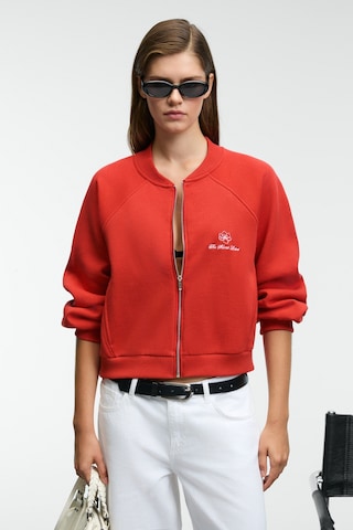 Grımelange Yasvell Kadın Metal Fermuarlı Çift Cepli Nakış Detaylı Balon Kollu Bomber Kırmızı Ceket Kırmızı