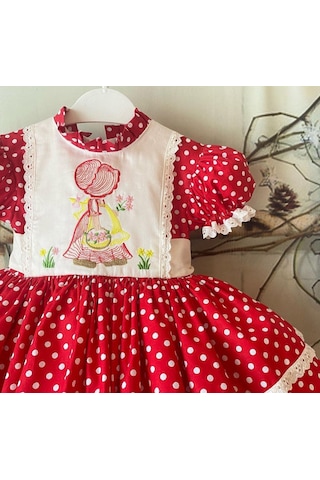 Kırmızı Puantiyeli Nakışlı Kız Bebek Elbisesi,özel Dikim Çocuk Elbisesi, Doğum Günü Elbisesi, 0-12 Yaş Kırmızı