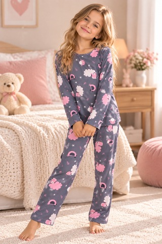 Free Beka Desenli Bisiklet Yaka Süet Kumaş Kız Çocuk Uzun Kollu Pijama Takımı Gri