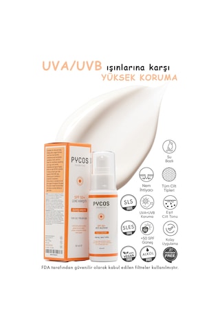 Pycos Cosmetıcs Spf 50 Leke Karşıtı Yüz Güneş Kremi 50ml, Tüm Cilt Tipleri Için
