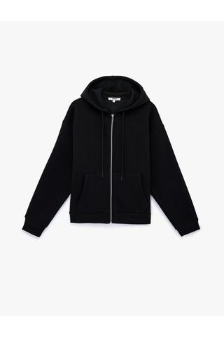 Koton Şardonlu Uzun Kollu Fermuarlı Kapüşonlu Oversize Sweatshirt Siyah 6sak10253nk