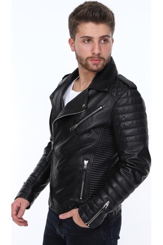 Hakiki Deri Siyah Manuel Fermuarlı Erkek Deri Ceket Siyah