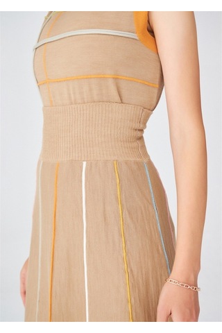 Peraluna Çizgili Yüksek Bel Bol Kesim Diz Altı Kadın Triko Etek C Camel