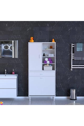 Modilayn Afra 70x173x32,5cm 1 Çekmece, 2 Göz Sepet, 1 Kapak, 8 Raf Dar Alan Banyo Dolabı Beyaz