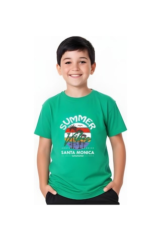 Summer Baskılı Erkek Çocuk Yuvarlak Yaka Kısa Kollu T-shirt Yeşil
