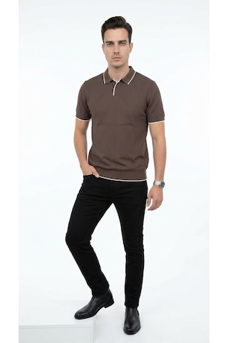 Plus Scorpion Erkek Pike Dokulu Triko Polo Yaka Tişört Slim Fit Şerit Detaylı Yazlık Model Kahverengi