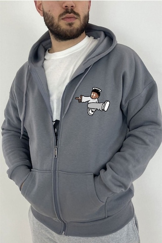 Altamira Unisex Gri Karikatür Baskılı Mevsimlik Oversize Kapüşonlu Hırka 001