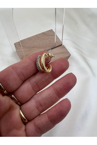 İthal Vip İkili Görünümlü Küpe Altın - Gümüş