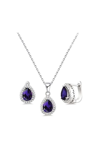 Brezza Lusso Jewelry Damla Model Safir Mavisi Zirkon Taşlı Gümüş Kadın Kolye Küpe Seti