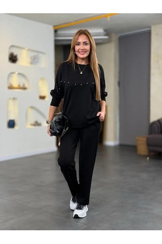 Tua Moda Kadın Inci Detay Modal Kumaş Ikili Takım Siyah