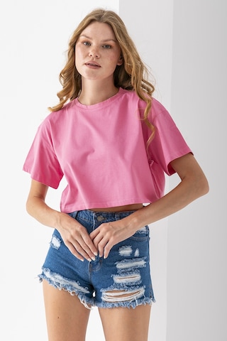 Giysa Kadın Bisiklet Yaka %100 Pamuk Basic Crop T-shirt Pembe - 925007 Pembe