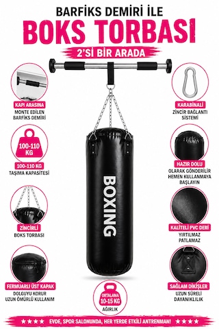 Spor Byfit 70 Cm Boks Torbası Ve Kapı Barfiks Demiri - 2 Si 1 Arada Siyah