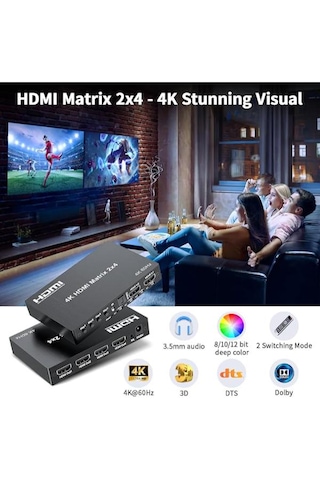 Hdmı 2x4 Matrix Switch 4k 60hz 2 Giriş 4 Çıkış Optik Ve 3.5mm Ses Çıkışı