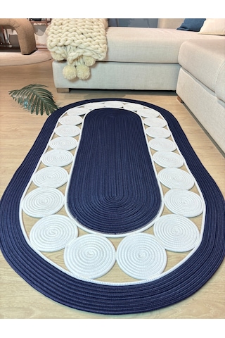 Cookie Jüt Hasırlı El Örgüsü Kilim Lacivert - Beyaz