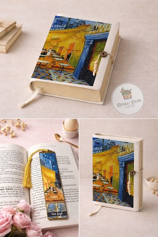 Kitap Kılıfı Ve Metal Kitap Ayracı Seti Van Gogh Cafe Terasta Gece