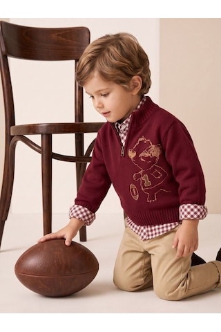 Zekids Erkek Çocuk Bordo Ayıcık Nakışlı Triko Kazak Gömlek Ve Pantolon Takım-17439