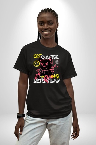 Dışarı Çık Ve Oynayalım Teddy Pamuklu Bisiklet Yaka Unisex Oversize Boyfriend Dijital Baskılı Siyah T-shirt Siyah