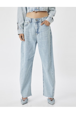 Koton Balon Kot Pantolon Kesik Paça Yüksek Bel Crop Boy Düğmeli Pamuklu - Balon Fit Jean Açık İndigo 5wal40117md Açık İndigo