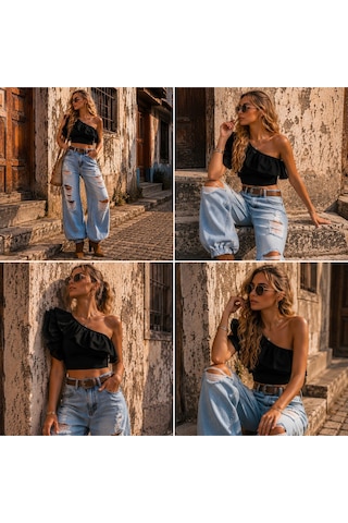 Na Addesıgn Fırfır Detaylı Crop Bluz Zamansız Şıklığın Modern Yorumu Siyah Ve Beyaz Renk Seçeneği