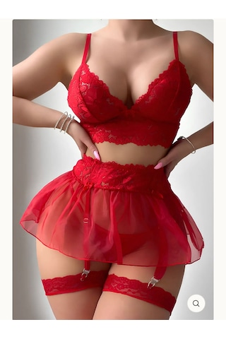 Month And Day 5 Parça Dantelli Lüks Jartiyer Takım Kirmizi