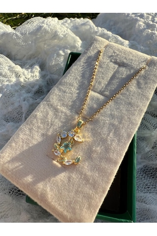 Işıltılı Taşlı Moon Floral Kolye Altın