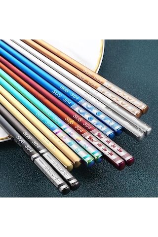 Agoodshop Mavi Paslanmaz Titanyum Altın Kare Yemek Çubukları Ev Otel Seti Hediye Kutusu Mavi Mavi