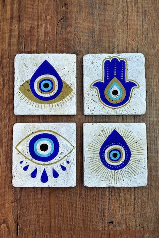 Baskılı Doğal Taş Bardak Altlığı 4'lü Set 10x10x1 Cm Nazar Boncuğu Desenli Çok Renkli