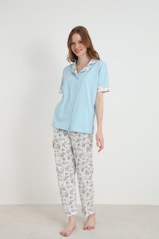Elitol Pamuklu Kadın Düğmeli Pijama Takımı Mavi-1