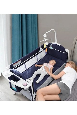 Teknum 4'ü 1 Arada Yan Beşik Co-sleeper Navy Blue Katlanabilir Beşik, Oyun Alanı, Taşınabilir Lacivert