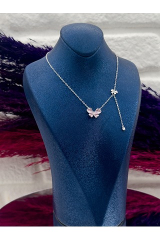 925 Ayar Gümüş Pembe Mineli Özel Tasarım Zarif Kadın Kolye Gümüş