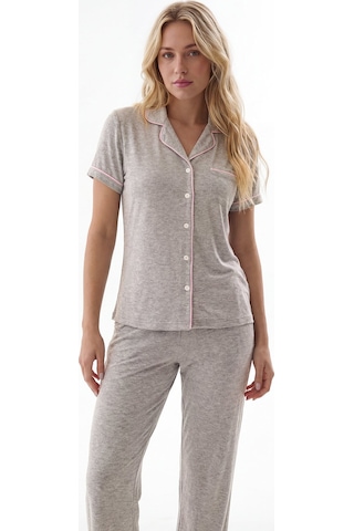 Nbb Kadın Gri Çizgi Detaylı Önden Düğmeli Pijama Takımı