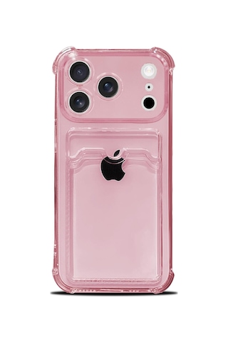 Teknomoda Apple Uyumlu iPhone 17 Pro Max Kılıf Kartlıklı Anti Şok Korumalı Şeffaf Silikon Pembe Pembe