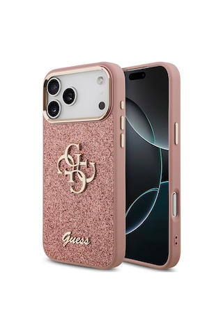 Apple Uyumlu iPhone 17 Pro Max Kılıf Guess Lisanslı 4g Büyük Metal Logolu Glitter Kapak Pembe Pembe