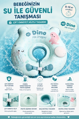 Bebek Boyun Yüzme Simidi Bas Şişir Pratik 0-1 Yaş Çift Emniyet Kilitli Mavi Dino Simit Nr014