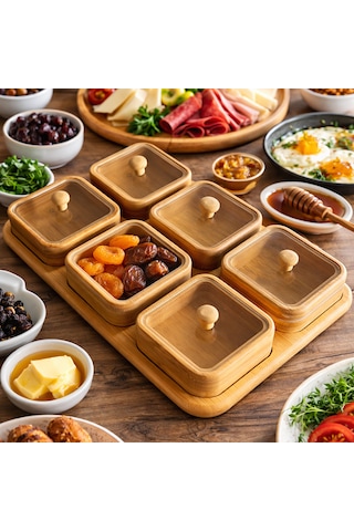 Porsima Pbt-692 Bambu Ahşap 6lı Kapaklı Kahvaltılık Ve Çerezlik Seti - Tepsili Sunumluk Ahşap