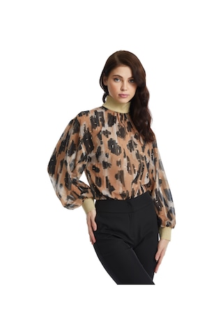 Parlak Detaylı Desenli Balon Kol Bluz Modern Yaka Ve Lastikli Bilek Tasarımıyla Şık Seçim Bej