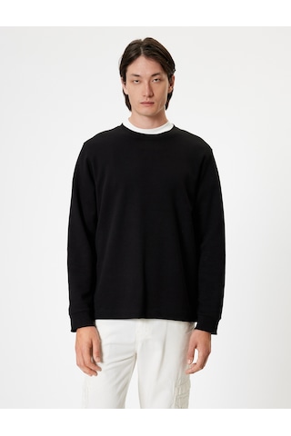 Koton Bisiklet Yaka Sweatshirt Basic Uzun Kollu Pamuklu İnterlok Kumaş Siyah 5wam70095mk Siyah