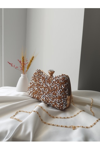 Vivazzaluxe Kristal Taşlı Kadın Abiye, Clutch Çanta Bronz