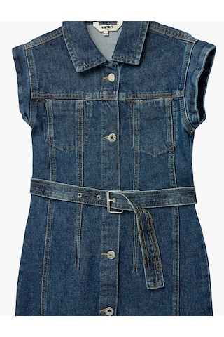 Koton Pamuklu Kolsuz Kuşak Detaylı Gömlek Yaka Denim Elbise Orta İndigo 6skg80003ad İndigo