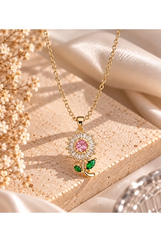 Taşlı Papatya Kolye Kırmızı Ve Pembe Renk Seçenekleri Altın-pembe