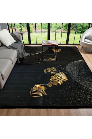 Dijital Kaymaz Yıkanabilir Modern Salon Halısı Mutfak Halısı Yolluk Balkon Halısı Ev Dekor3224 Siyah - Gold