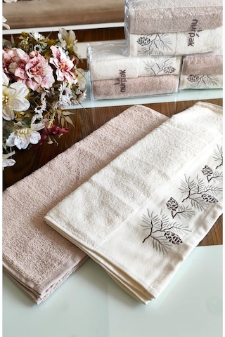 Nurpak Çeyizlik 2.li Set Lüks 50x90cm. %100 Pamuk El,yüz Havlusu Özel Hediyelik Ambalajda Bej