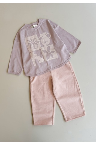 Cigit Oversize Uzun Kollu T-shirt Takım 2-8 Yaş Leylak Beyaz